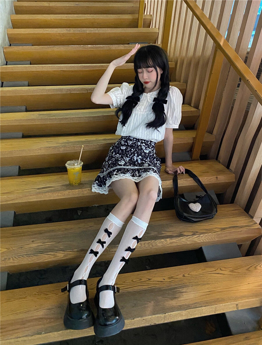 圣雪莎小腿袜日系半筒袜及膝jk甜酷风蝴蝶结少女可爱蕾丝袜中筒仙女