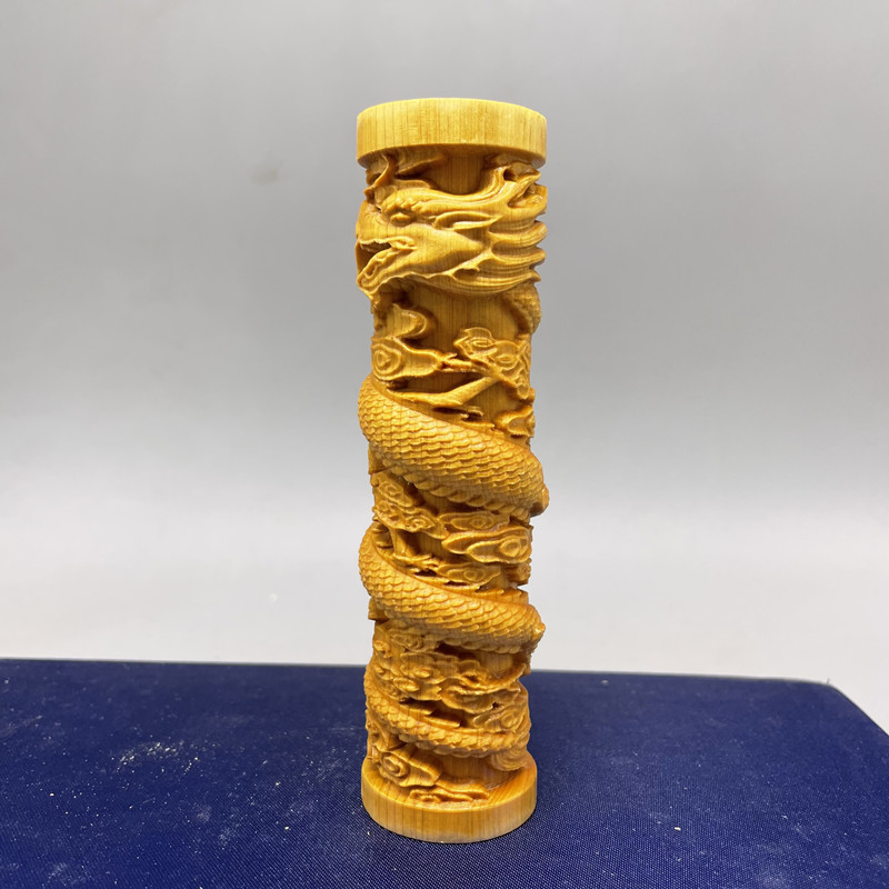 盘龙柱手把件崖柏木雕生肖龙工艺手把件盘龙柱手柄蟠龙客厅家居装饰小