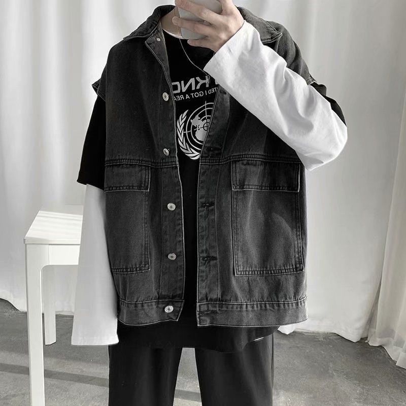 季无袖坎肩牛仔外套男韩版宽松工装马甲ins港风休闲翻领背心潮tt马甲