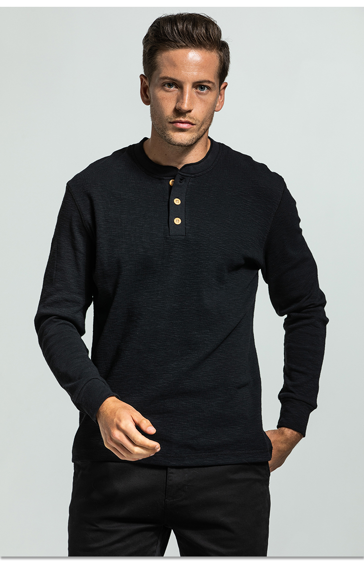 皮尔卡丹品牌高档男装美式复古亨利衫男华夫格亨利领长袖t恤男士打底