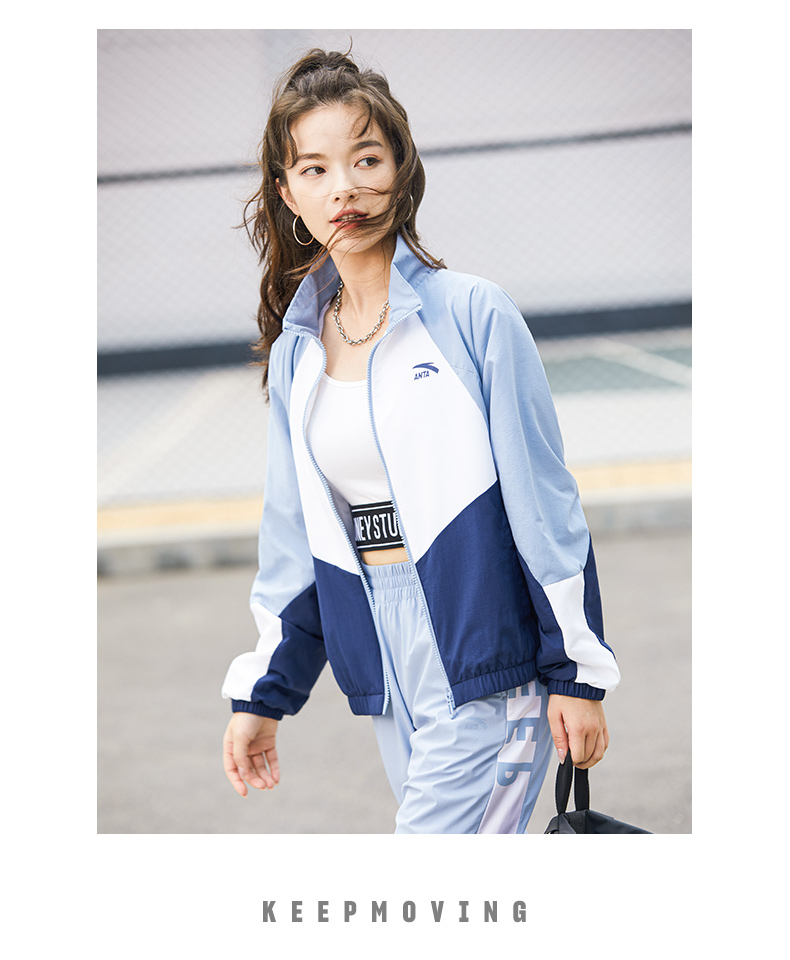 两件套安踏运动套装女2022春季新款梭织防风立领外套休闲裤黄色基础黑