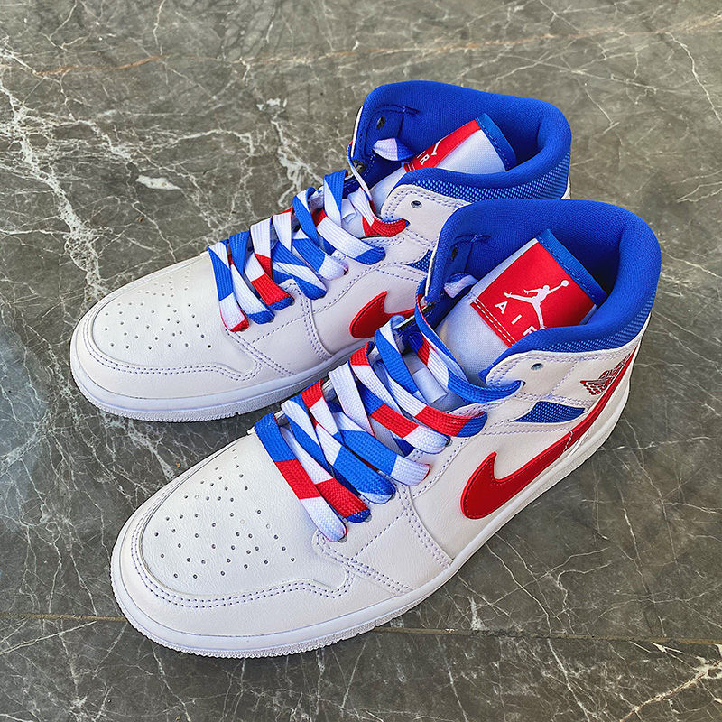 适配耐··克aj·1mid樱花粉烟灰爱国者影子三色拼接男女鞋带 爱国者