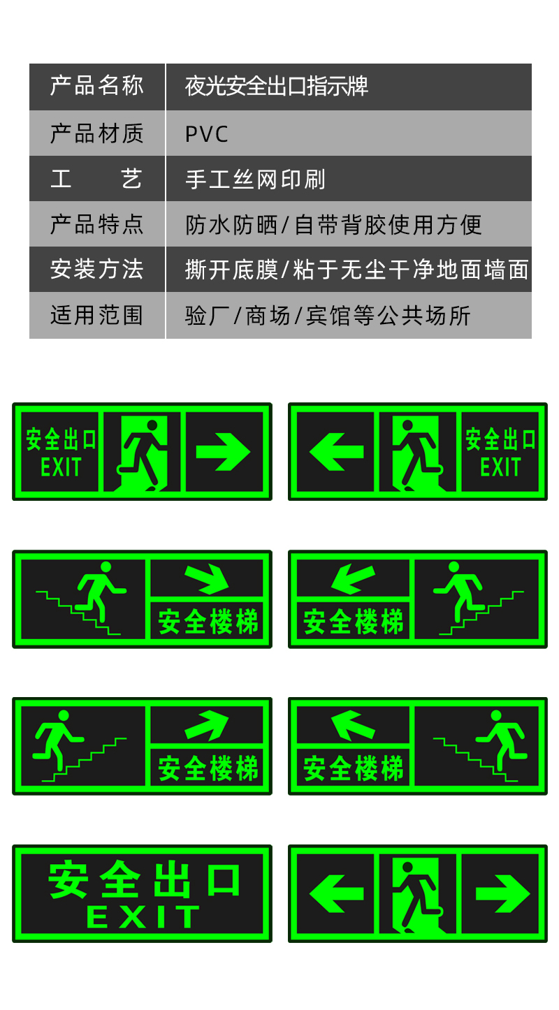 適用於夜光安全出口指示牌消防通道應急疏散熒光標誌牌樓梯逃生標識