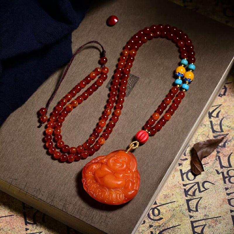 波罗地海鸡油黄老蜜蜡大肚弥勒佛吊坠男女款笑佛秋冬毛衣项链挂件 鸡