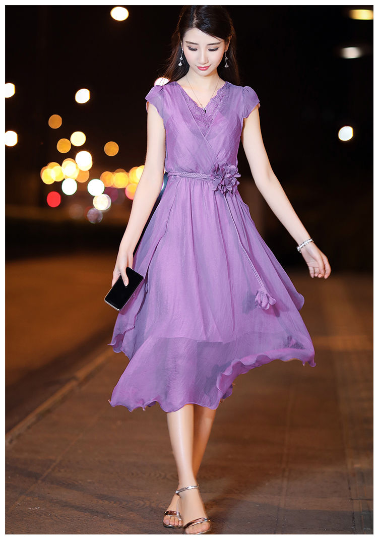 夏2021流行v领蕾丝显瘦ins超仙长裙收腰轻熟气质长裙紫色m适合8093斤