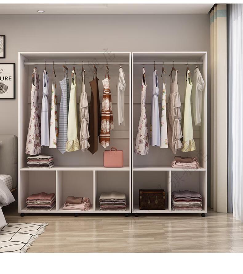 淘苏 简易无门衣柜经济型开放式子卧室出租房布帘衣橱实木移动柜 c款