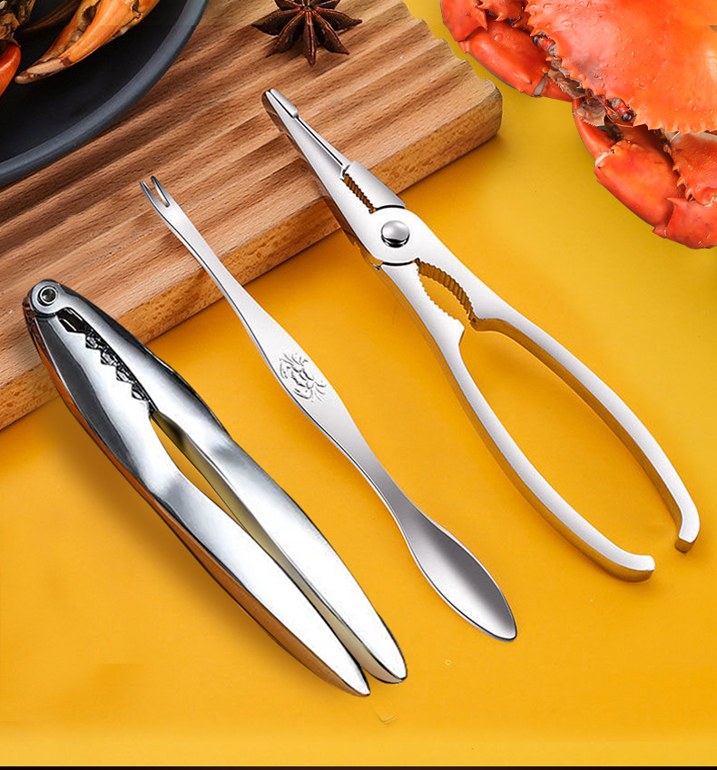 吃蟹工具套装 三件套304不锈钢螃蟹夹子蟹钳蟹针神器食用专用 白色 蟹