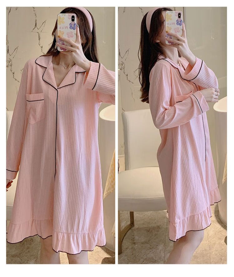 女生睡衣秋季新款睡裙长袖韩版宽松睡衣女士甜美长款连衣裙家居服外穿