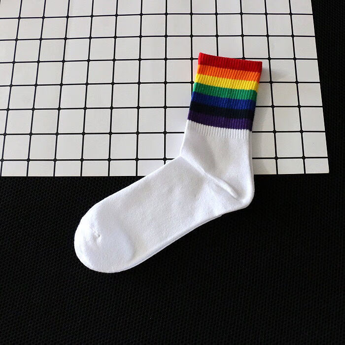 袜子男款长袜彩虹学生白袜控体育生健身运动篮球袜子 四双白色【图片