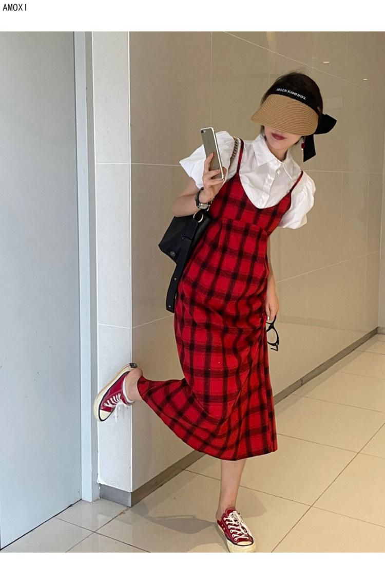阿么茜夏天红格子吊带裙两女2022新款漂亮连衣裙夏季温柔系凡尔赛裙子
