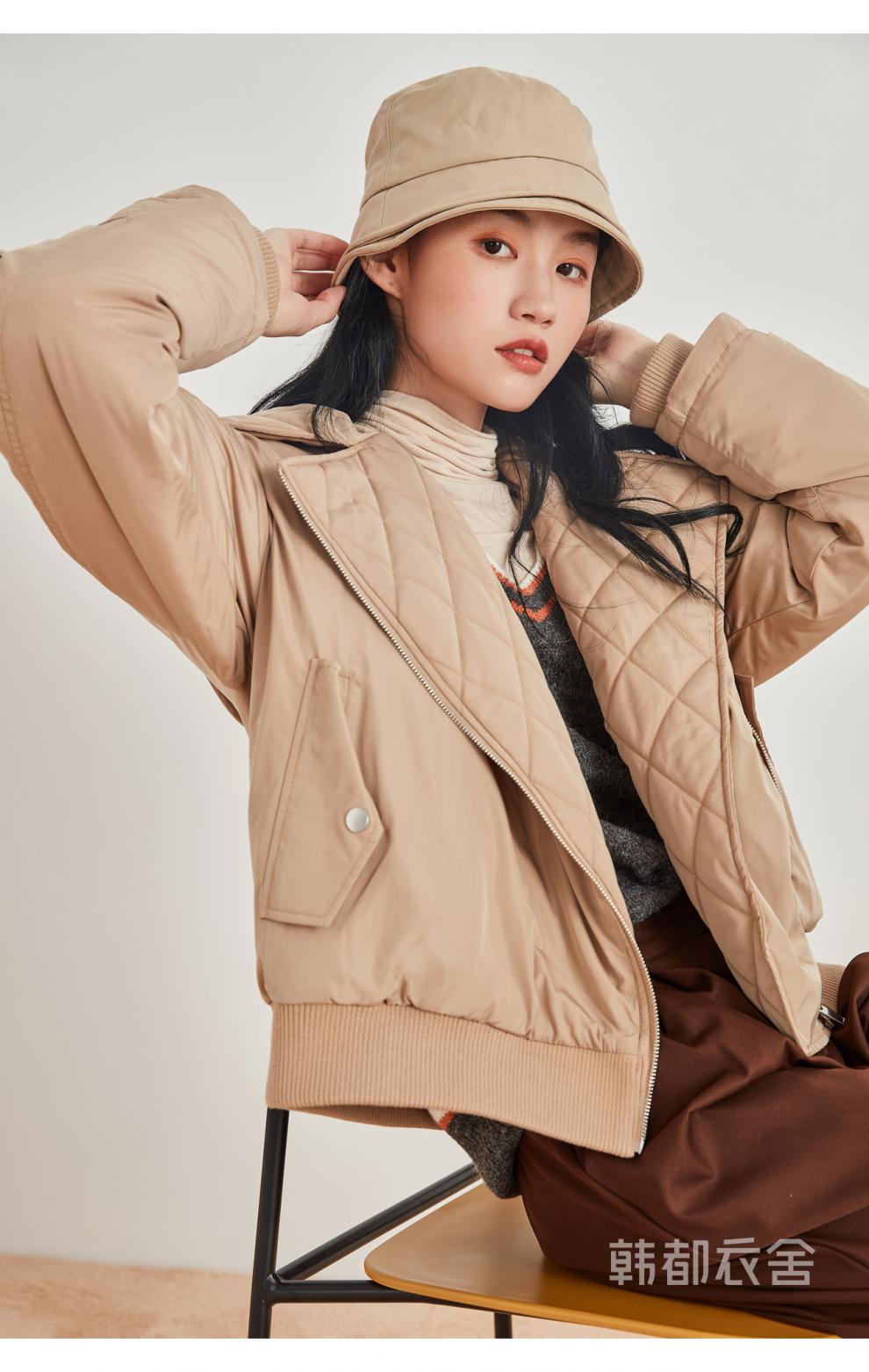 韩都衣舍2021女装黑色宽松机车风短款羽绒面包服om82041棕色l