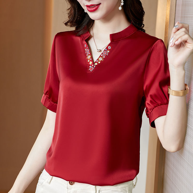 品牌女装真丝衬衫女短袖新款洋气衬衣百搭桑蚕丝女士v领上衣孔雀蓝xl