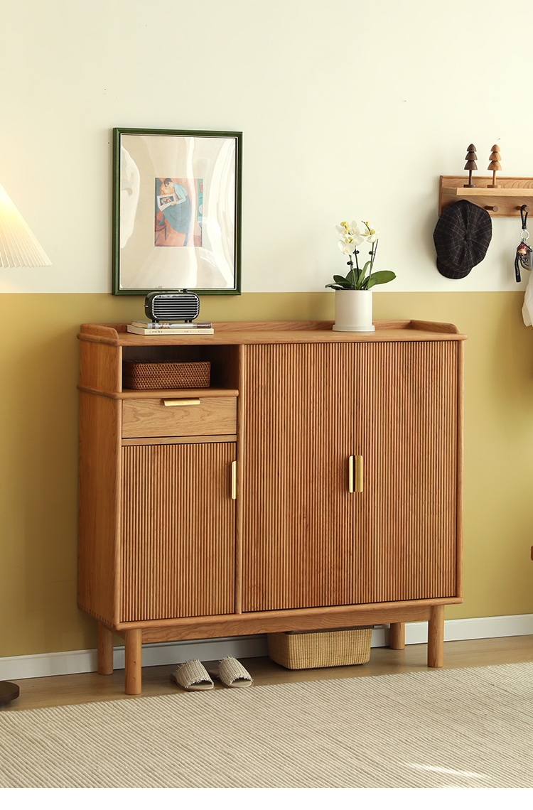 鞋柜入门现代入门实木对开门北欧简约樱桃木玄关柜大容量家用门厅柜红