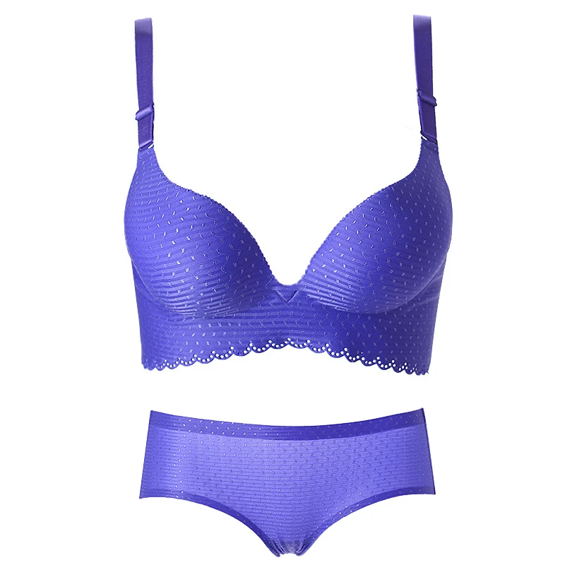 Luo Lisi summer seamless breathable sexy no steel ring underwear female small chest gathered one piece bra set blue 70C
