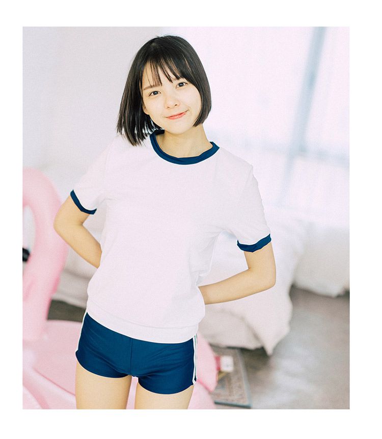 死库水泳衣女夏保守可爱日系少女分体显瘦仙气小胸海边体操服白色袜子