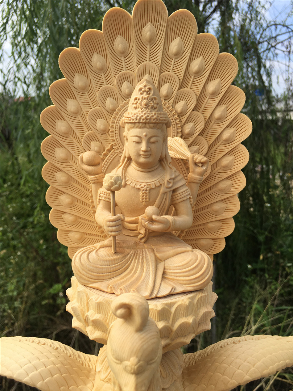 桧木木雕孔雀明王佛像摆件大明王言宗佛母密宗金刚菩萨雕刻供奉 孔雀