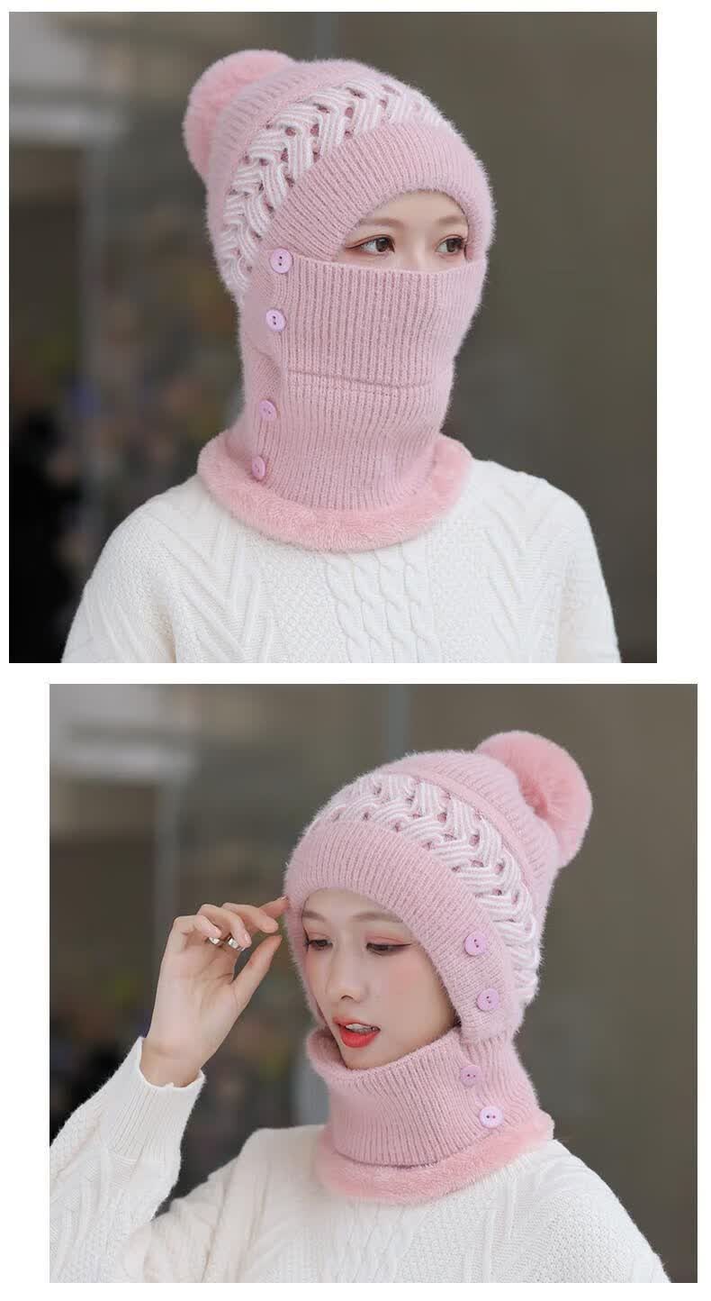 玉贝梵 2022新款帽子套装新款加绒针织帽女士围脖连体帽子韩版学生