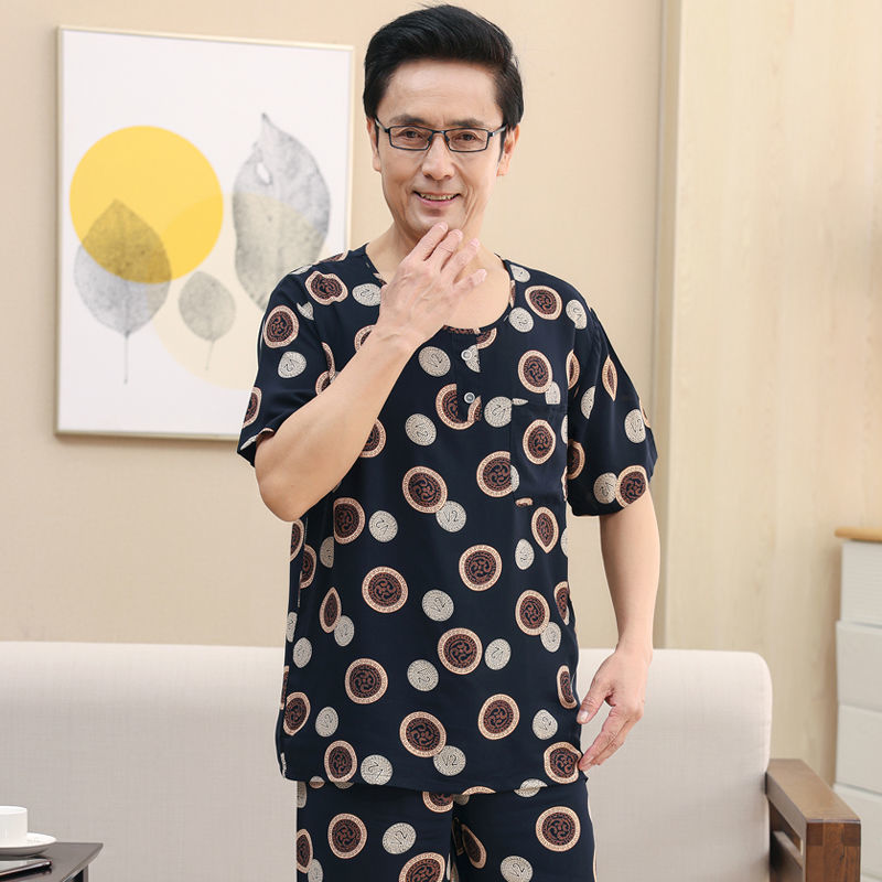 男士棉绸睡衣夏季爸爸人造棉短袖家居服中老年老人薄款可外穿套装男棉