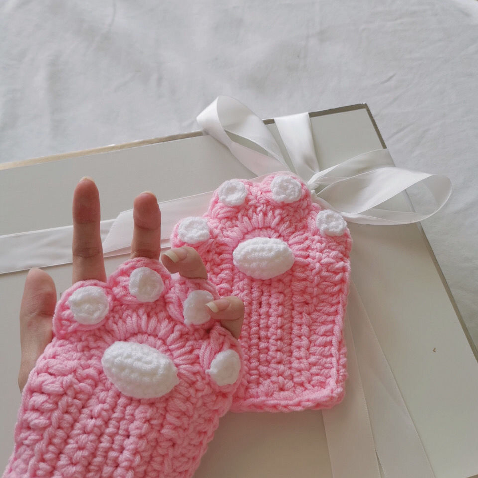 hnxc新品猫爪手套成品猫爪手工钩针编织手套毛线可爱半指手套秋冬2021