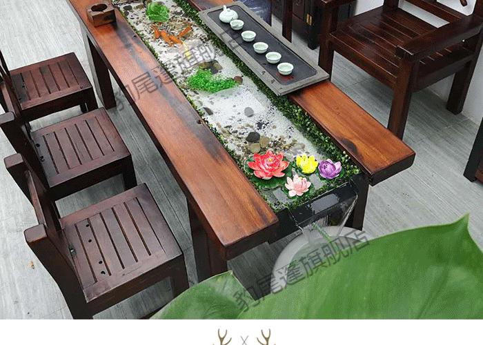 老船木流水茶桌李子柒同款曲水流觞老船木茶桌椅组合中式鱼缸实木泡茶