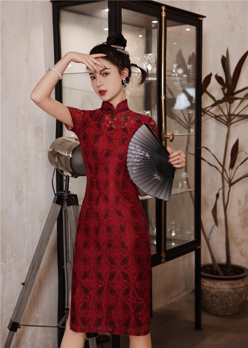 懿菲旗袍晨恋紫凝格龙笛女旗袍 094 酒红 s