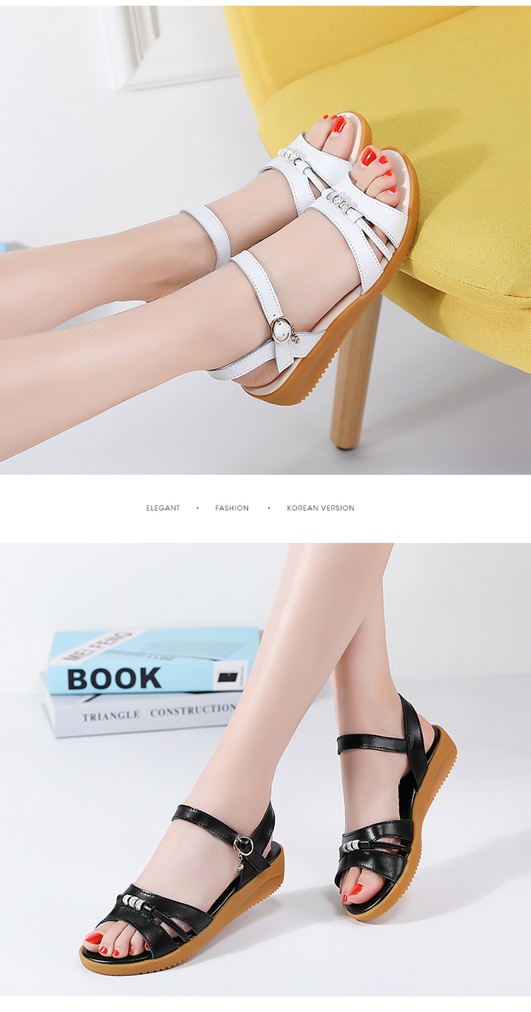 夏季真皮凉鞋女式皮凉鞋女士凉皮鞋坡跟低跟平底妈妈凉鞋软底舒适黑色