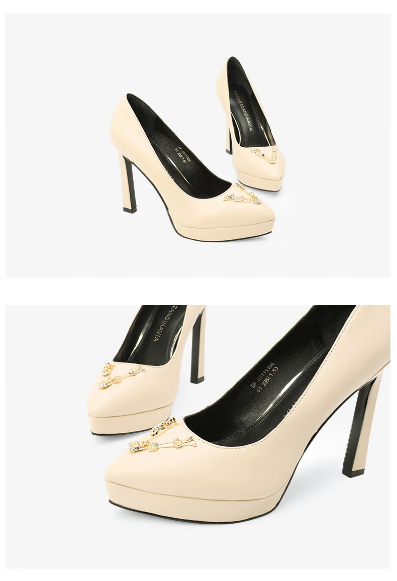 迪芙斯dfuse女鞋新款v型饰扣尖头细跟高跟鞋10黑色35