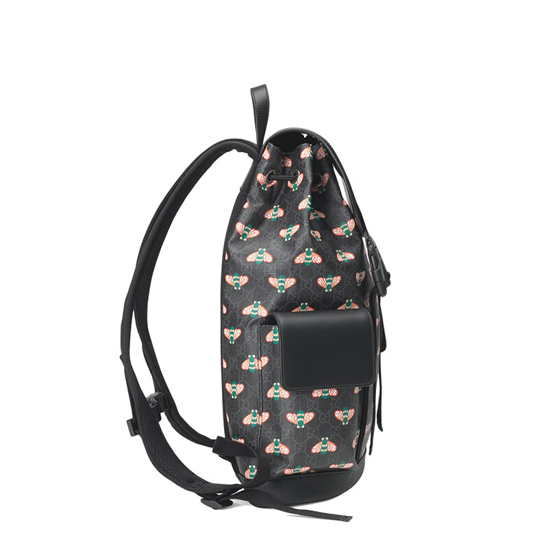 gucci古驰男士黑色老花帆布彩色蜜蜂图案印花皮革翻盖双肩包495563ui