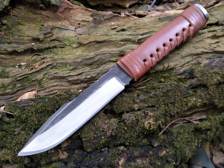 手工锻打龙骨一体扎皮柄小直刀户外装备锋利军刀 开刃刀具 黑色 60