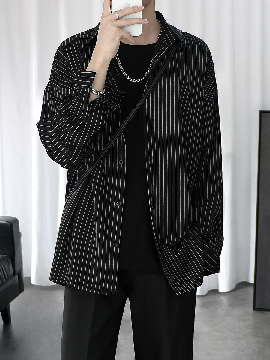 条纹衬衫外套男港风日系休闲宽松衣服潮流黑色男士长袖衬衣秋季薄88