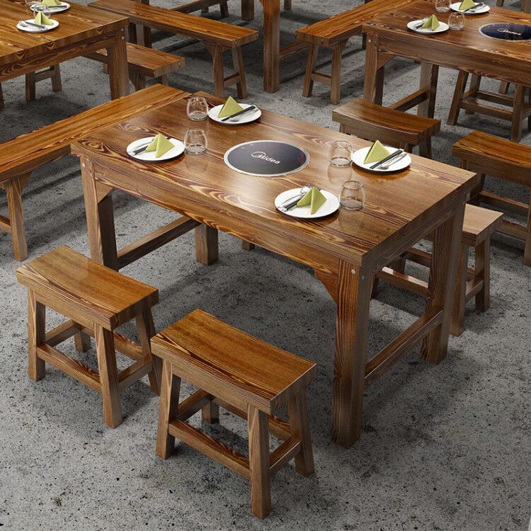 悠则实木快餐桌椅烧烤小吃店餐桌椅组合饭店面馆碳化防腐餐厅火锅桌椅