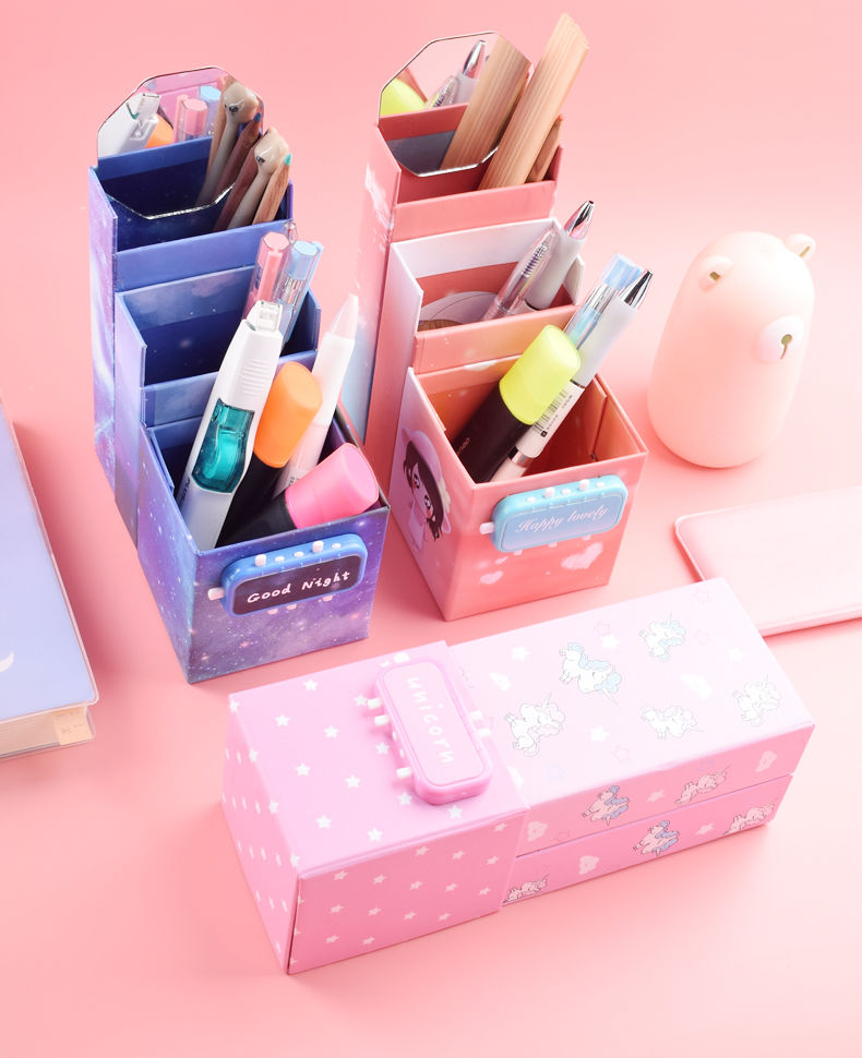 大容量ins风抖音网红创意密码笔盒带镜子小清新少女粉笔架星空鹿语