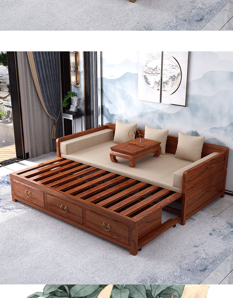 罗汉床推拉式新中式罗汉床实木禅意南榆木床榻沙发带炕桌抽屉式伸缩