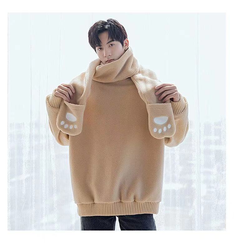 冬季情侣韩版慵懒风可爱熊耳朵上衣男带围巾帽子可拆卸连帽卫衣紫色加