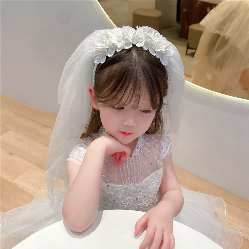 头纱儿童公主头纱皇冠白色小女孩发饰蝴蝶结婚纱拍照宝宝生日白色儿童