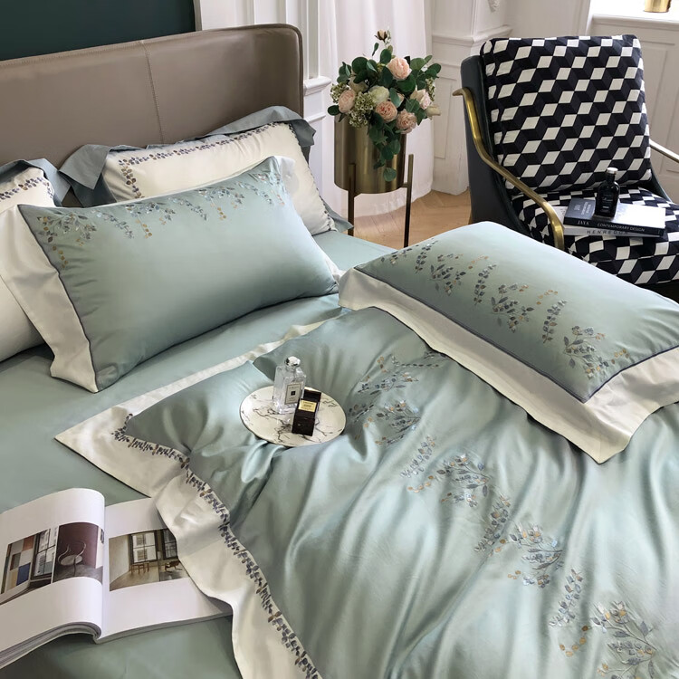 罗兰家纺长绒棉纯棉春秋四件套水蓝绿色纯色被套床单式芽庄蓝双人床四