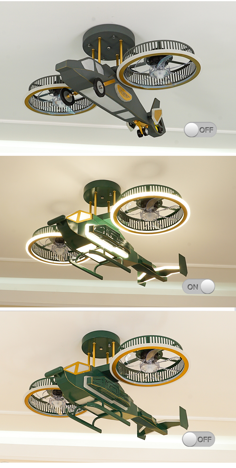 直升飞机风扇灯 儿童房男孩卧室吊灯卡通飞机风扇灯创意led直升飞机吸