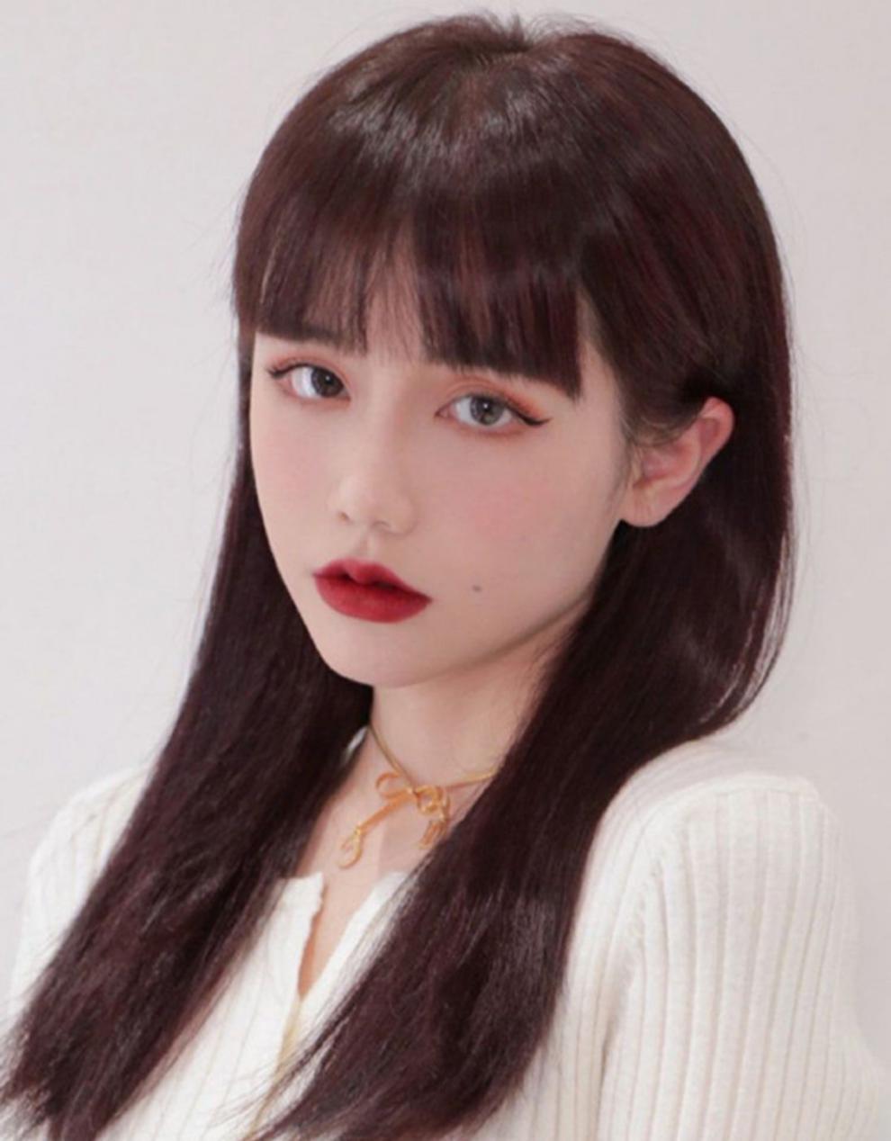 假发女中长发齐刘海长直发逼真自然日系初恋齐肩锁骨发全头套 米白色