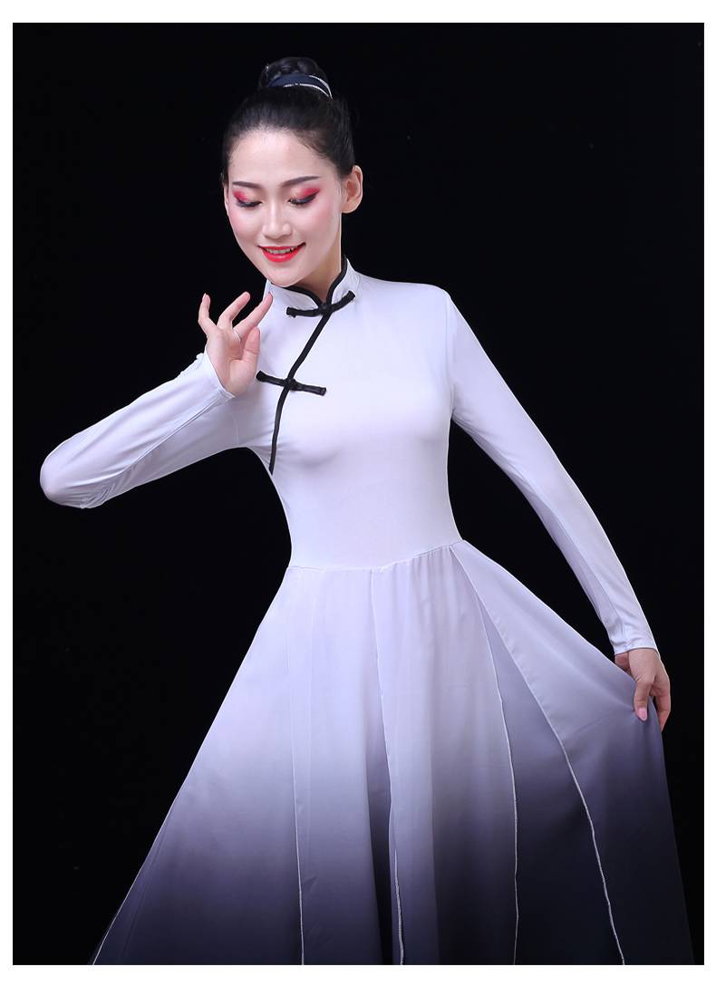 古典舞演出服女现代舞中国风水墨汉服开场舞大摆裙舞蹈服装练功服 白