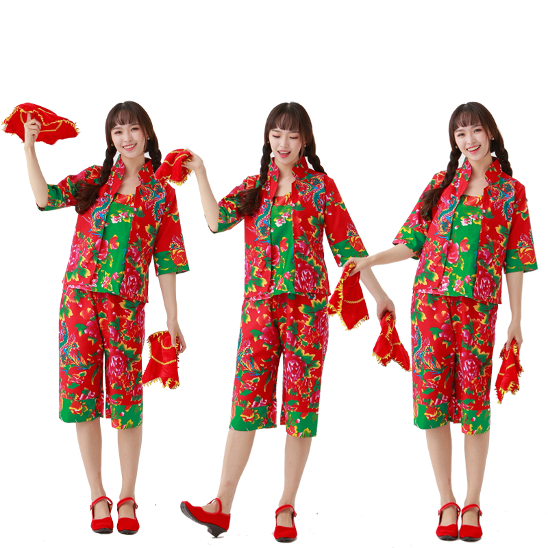 大花布衣服村姑二人转搞笑花布演出服民族男女秧歌服 肚兜 外套 裤子