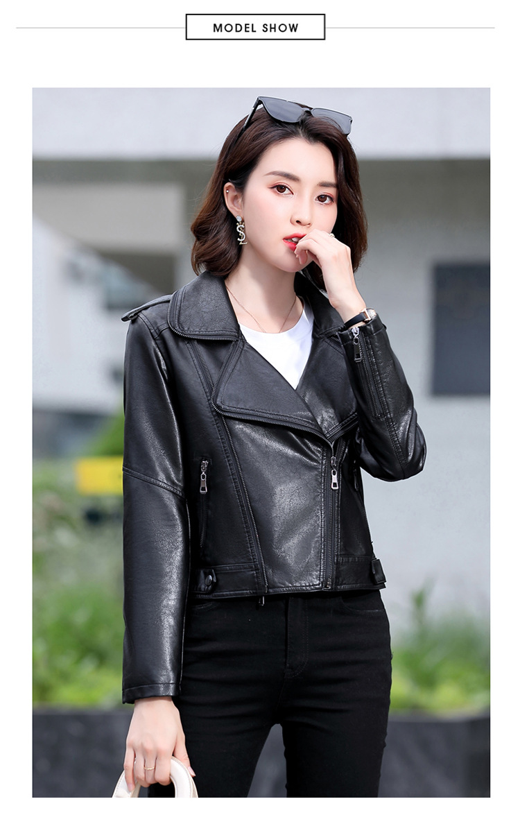 卡娇萱轻奢品牌女式皮衣秋季新款时尚气质翻领收腰休闲潮流外套黑色m