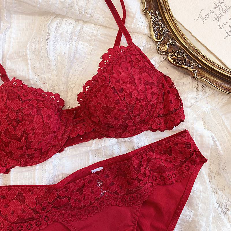 浪莎本命年属虎年开运红色结婚蕾丝性感内衣有钢圈文胸套装胸显小乳罩