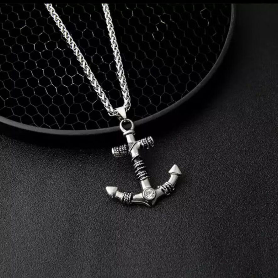 jeaesaen 简索 韩版白钻船锚项链男士炫酷配饰项饰bf蹦迪吊坠毛衣链