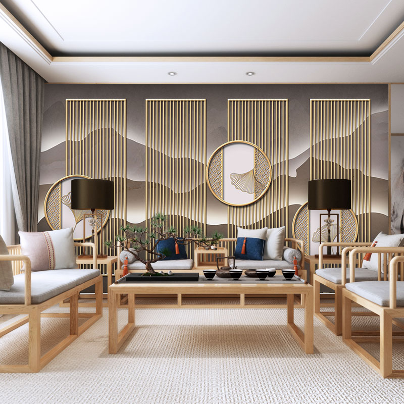 3d立体新中式墙纸中国风山水客厅壁画茶室直播背景墙酒店装饰壁纸无缝