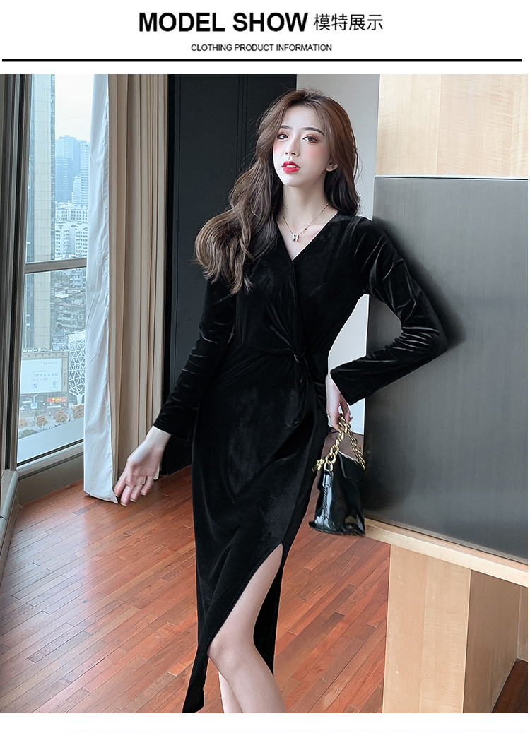 雁皇yeshon法式减龄女人味黑色开叉礼服长裙高端性感v领修身丝绒