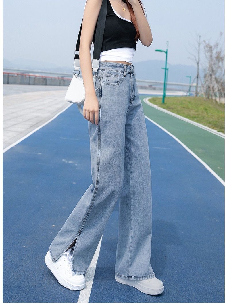 牛仔裤女春夏新款高腰宽松阔腿裤开叉牛仔裤女夏薄款显瘦显高学生百搭