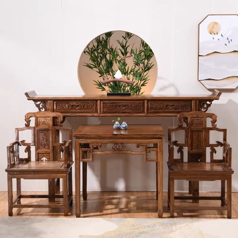 恒捷邦泰 仿古实木中堂翘头中式八仙桌太师椅供桌农村堂屋条案供台佛