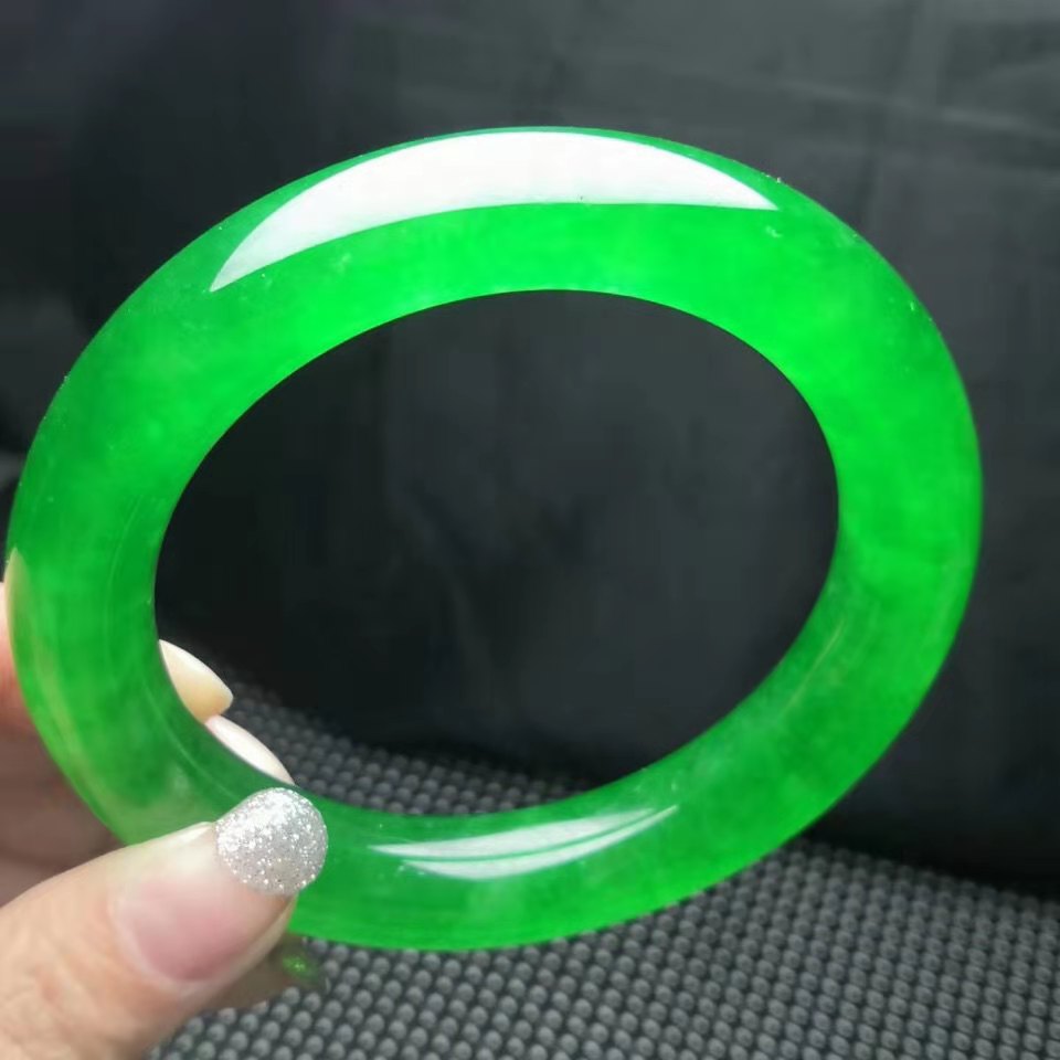 珍韵缘缅甸翡翠手镯冰糯种满绿绿玉镯子民族风玉带证书55mm圆条