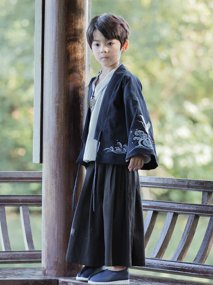 宝宝套装长袖古装交领阔腿裤抓周礼服汉服儿童男上衣内衬裤子扇子90