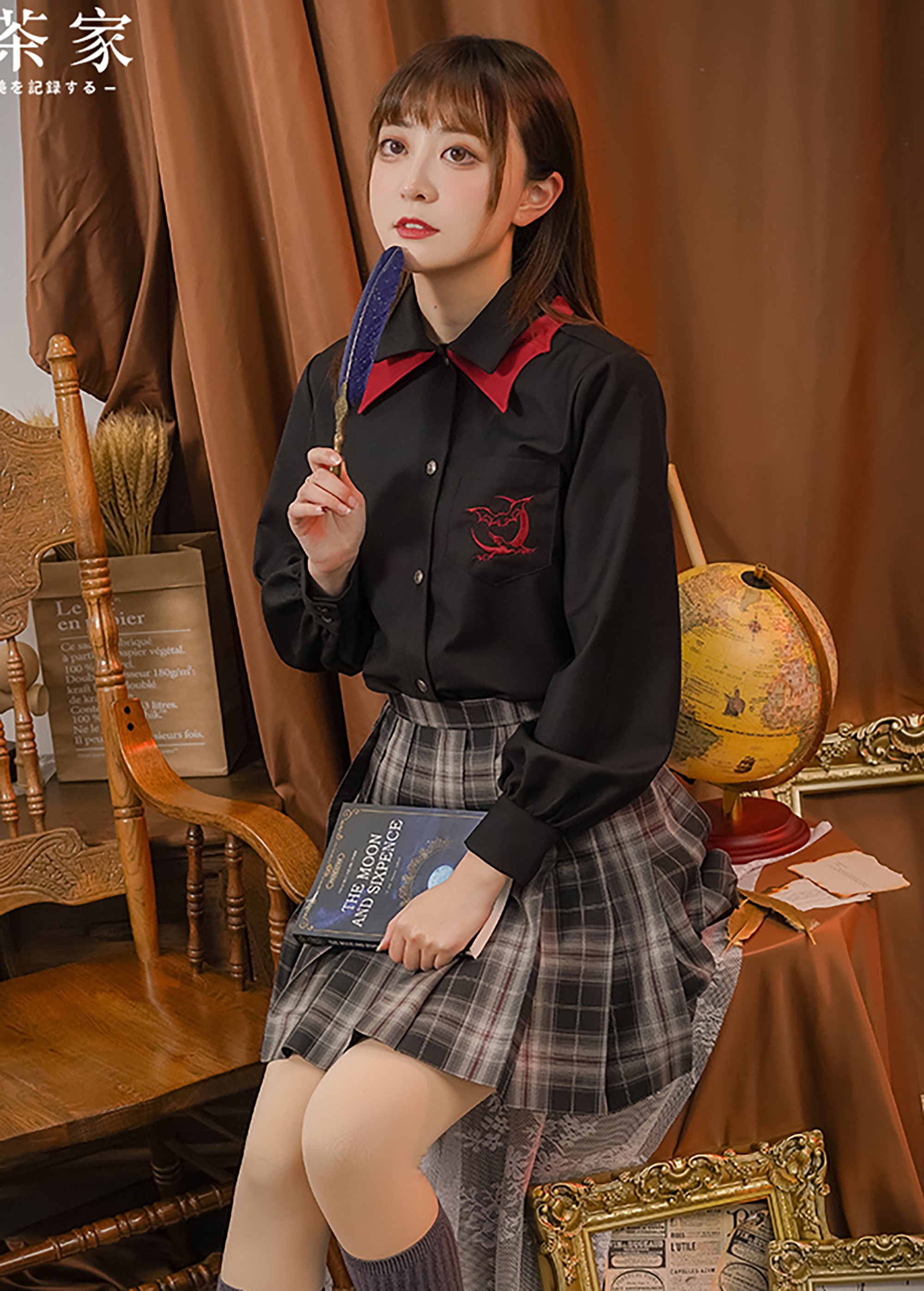 御茶家暗夜长袖黑色衬衫jk女甜酷双层领现货女款m